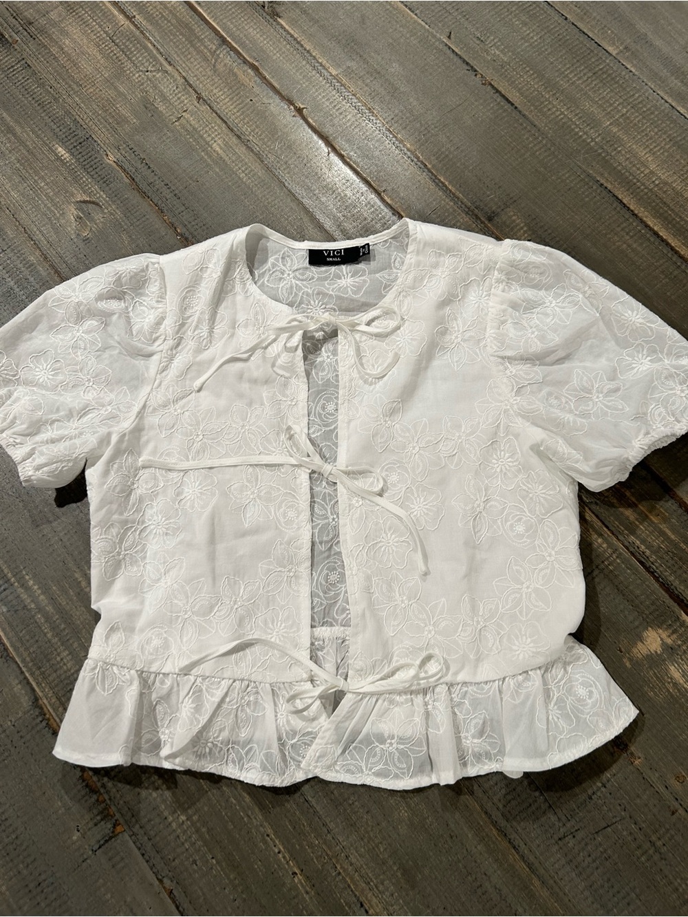 Vici White Embroidered Tie-Front Peplum Blouse